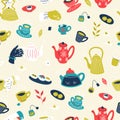 Tea Seamless Pattern with Cups and Pots. Hand Drawn Vector Illustration. Royalty Free Stock Photo